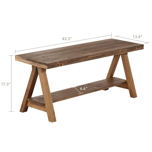 Wnutrees 43" Farmhouse Wood Bench, Long Rustic Indoor Storage Bench for Entryway, Living Room, Dining Room, Solid Wood Construction, Original Wood - size: 43" wood bench