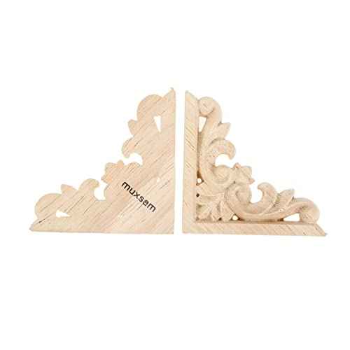 MUXSAM Furniture Applique, 8x8cm/3.15"x3.15", Wood Carved Corner Onlay Unpainted Frame Decal for Wall Cabinet Door Bed Dresser Mirror Decoration(4-Pack)