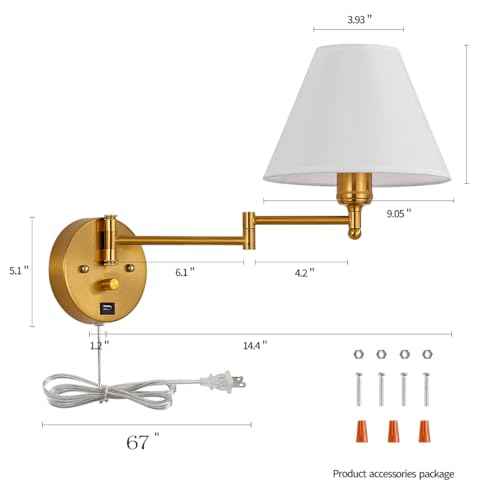 Swing Arm Wall Sconces, Plug-in Wall lamp,Bedroom Wall lamp £¬ White Fabric Shade£¬£¬with dimmable Switch and USB Charging Port, Suitable for Bedside, Living Room, Reading (Golden)