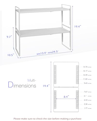 Nxconsu 2 Pack Cabinet Shelf Organizer Stackable 2-Tier Wide 10.5" Depth, Expandable Width (13.4"–24.8"), 10-Level Adjustable Height, Metal Counter Shelf Riser for Cupboard Pantry Countertop, White - size: Wide Depth (10.5") - 2 Pack