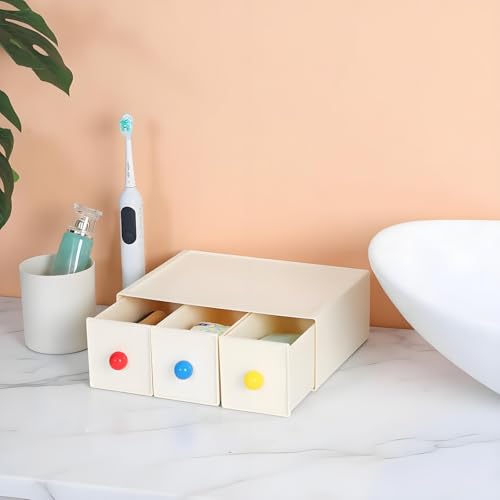 Desktop Storage Drawers, Plastic Desk Organizer with 3 Drawers, Modular Stackable Toolbox Units for Office Stationary, Makeup Container, Bathroom Countertop (1 Tall Layer, Cream) - color: 1 Tall Layer & 3 Drawers, Cream