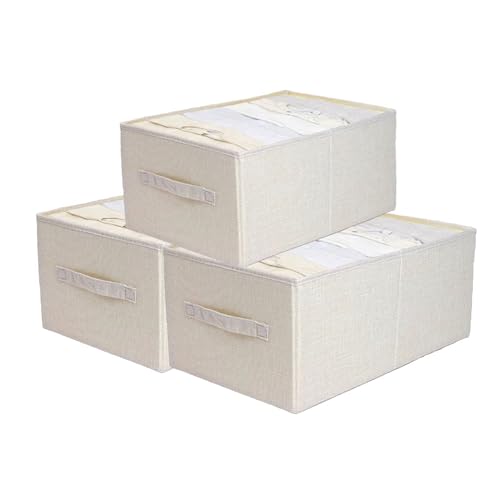 3 Pack Linen Storage Baskets with Handle,Large Foldable Closet Storage Bins for Shelves, Toys, Sheets, Clothes Organization,18"×11"×8",Beige