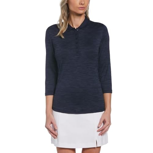 Callaway Women's 3/4 Sleeve Space Dye Golf Polo, Stretch Seams, Moisture-Wicking, Sun Protection, Textured Recycled Fabric
