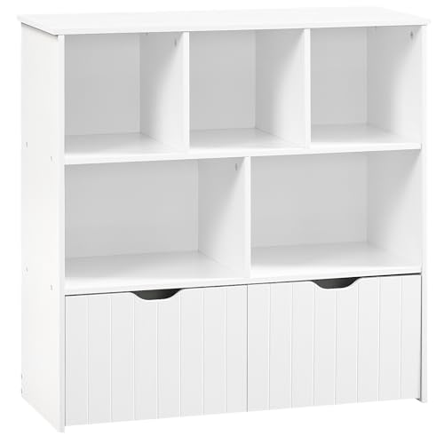 HOOBRO Toy Storage Organizer, Toy Organizers and Storage with 2 Movable Drawers and 5 Cubbies, Toy Chest Shelf for Books or Dolls, Kids Bookshelf and Toy Storage for Playroom, White WT88CW01