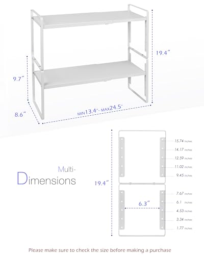 Nxconsu 2 Pack Cabinet Shelf Organizer Stackable 2-Tier, Expandable Width (13.4"–24.8"), 10-Level Adjustable Height, Metal Counter Shelf Riser for Kitchen Cupboard Pantry Under Sink, White, Non-Slip - size: Standard Depth (8.6") - 2 Pack