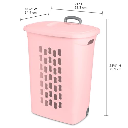 Sterilite 3 Pack Ultra Wheeled Hamper, Plastic Laundry Basket Clothes Bin with Wheels, Flip Top Lid and Retractable Handle, Pink Frost - color: Pink Frost