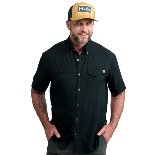 HUK Mens Tide Point Solid Short Sleeve Shirt, Button Down for Men