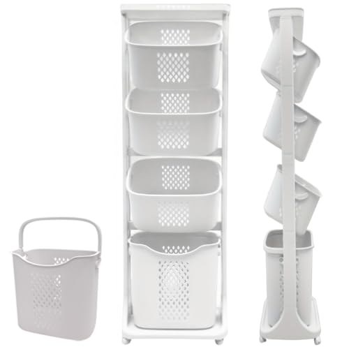 Japard 108 Liters Vertical Rolling Laundry Compact Hamper Ultra Slim, 4 Sorter Cart with Wheels and Breaks, 4-tier Baskets Detachable for Small Space, Dorm, Closet, Bathroom, Easy Assembly White Gray - size: 4 Tier