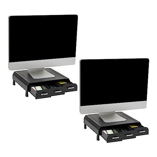 Mind Reader Monitor Stand, 3 Storage Drawers, Desktop Organizer, Riser, Office, 13.5"L x 13"W x 4"H, Set of 2, Black - size: 2 Pack