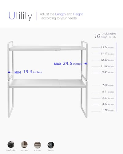 Nxconsu 2 Pack Cabinet Shelf Organizer Stackable 2-Tier, Expandable Width (13.4"–24.8"), 10-Level Adjustable Height, Metal Counter Shelf Riser for Kitchen Cupboard Pantry Under Sink, White, Non-Slip - size: Standard Depth (8.6") - 2 Pack