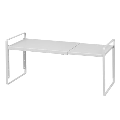 Nxconsu Cabinet Shelf Organizer, Expandable Width (13.4"–24.8"), 5-Level Adjustable Height, Metal Counter Shelf Riser Spice Rack for Kitchen Cupboard Pantry Under Sink Countertop, White, Non-Slip - size: Standard Depth (8.6") - 1 Pack