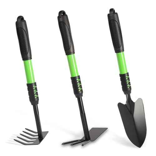 Garden Tool Set, 3 Pack Gardening Tools, Stainless Steel Heavy Duty Hand Cultivator, Hoes, Shovel, for Planting Weeding Digging, Green