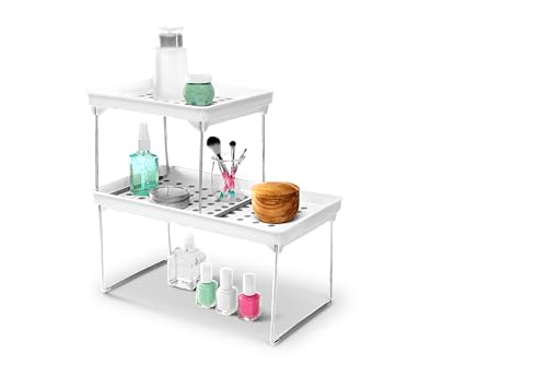 madesmart Small Stacking Shelf, Organizer for Spices, Make-Up, Bottles & Jars, Collapsible Legs for Cabinet or Counter Storage, White