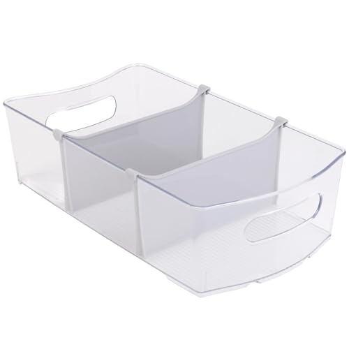 Wardrobe and laundry storage box with removable dividers, 14.5 inches long x 8 inches wide, transparent.