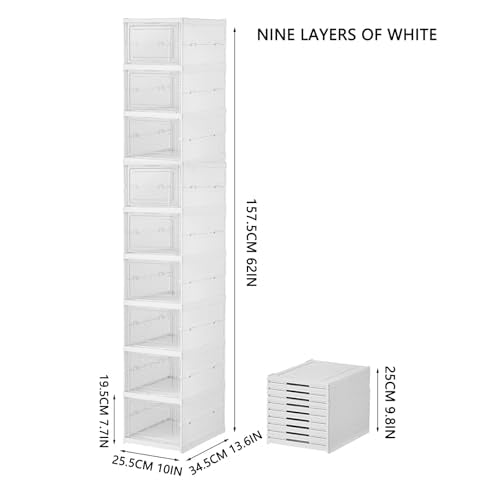 Foldable Shoe Rack,No Assembly Stackable Shoe Storage Box with Doors,Free Standing Plastic Space Saving Shoe Cabinet Bins Dustproof,Folding Shoe Box Organizers (9 Tier-9 Pairs White) - size: 9 Tier-9 Pairs White