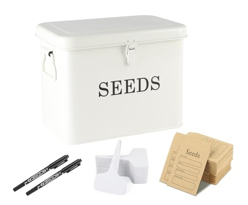 Seed Storage Organizer, T-Shape Compartment Seed Box with Safety Lock, Metal Seed Saving Box, Portable Seed Bin Container with Handle, Including 2 Pens 20 Plant Labels 50 Seed Envelopes-White - color: Tall-White