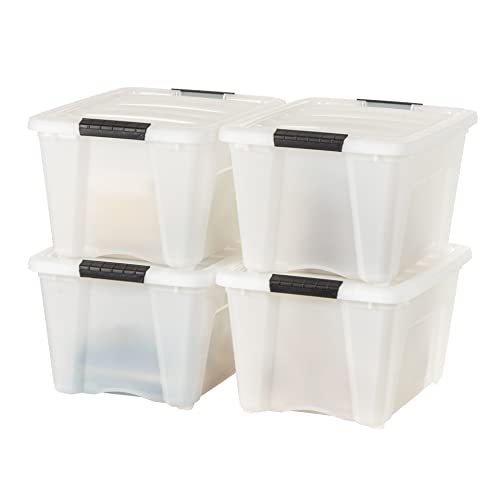 IRIS USA 32 Qt Stackable Plastic Storage Bins with Lids, 4 Pack - BPA-Free, Made in USA - Discreet Organizing Solution, Latches, Durable Nestable Containers, Secure Pull Handle - Pearl - size: 32 Qt, style: 4 Pack
