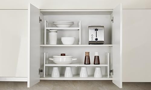 Nxconsu 2 Pack Cabinet Shelf Organizer Stackable 2-Tier, Expandable Width (13.4"–24.8"), 10-Level Adjustable Height, Metal Counter Shelf Riser for Kitchen Cupboard Pantry Under Sink, White, Non-Slip - size: Standard Depth (8.6") - 2 Pack