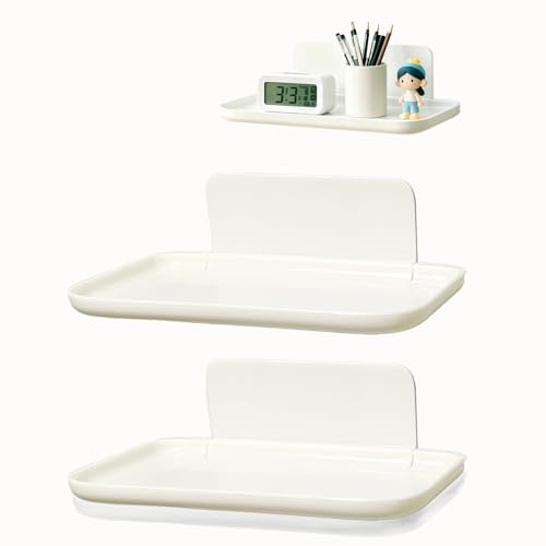 3 Pcs Small Foldable Floating Shelves for Living Room Bathroom,Bedside Shelf No Drill,Adhesive Shelves Organizer,Stick on Wall Rack Shelf Kitchen Entryway Bedroom,Bed Bedside Tray White
