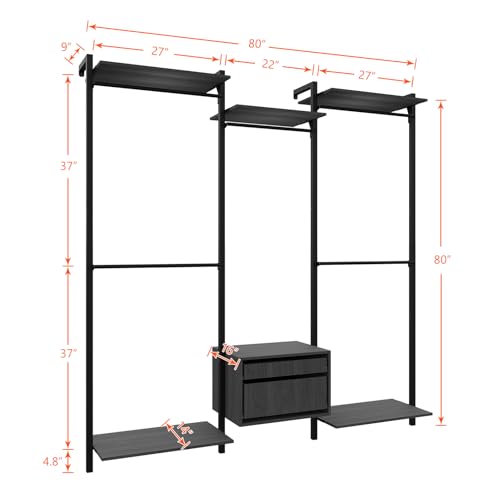 Wall-Mounted Steel & Wood Closet Organizer System with 4 Adjustable Shelves, 5 Hanging Rods, and 2 Drawers – Modern Open Wardrobe, Black - color: BC03-black