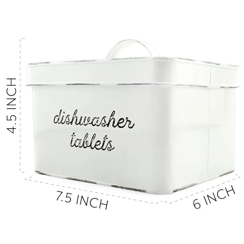 AuldHome Design Dishwasher Pod Holder, Tablet Container; White Enamelware Rustic Kitchen Storage Tin w/ Lid