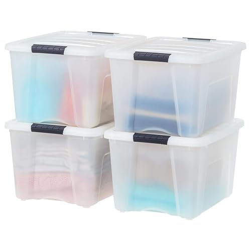IRIS USA 40 Qt Stackable Plastic Storage Bins with Lids, 4 Pack - BPA-Free, Made in USA - Discreet Organizing Solution, Latches, Durable Nestable Containers, Secure Pull Handle - Pearl - size: 40 Qt, style: 4 Pack