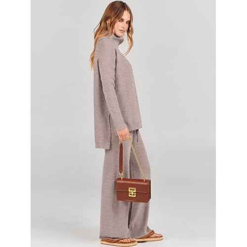 ANRABESS Women Two Piece Outfits Oversized Turtleneck Knit Pullover Sweater Top Wide Leg Pants Lounge Set Sweatsuit 2025 Fall