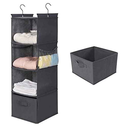 MAX Houser 4-Shelf Hanging Closet Organizer, Space Saver, Cloth Hanging Shelves with 2 Side Pockets, Foldable (Grey) - color: Grey-2