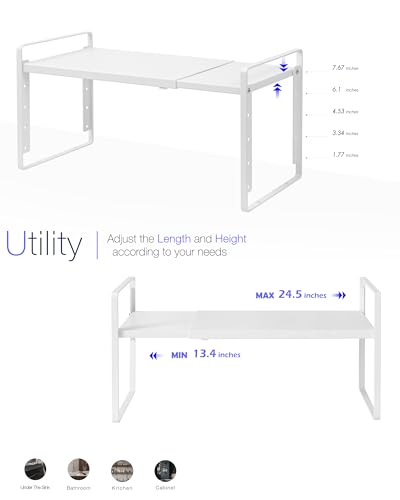 Nxconsu 2 Pack Cabinet Shelf Organizer Stackable 2-Tier Wide 10.5" Depth, Expandable Width (13.4"–24.8"), 10-Level Adjustable Height, Metal Counter Shelf Riser for Cupboard Pantry Countertop, White - size: Wide Depth (10.5") - 2 Pack