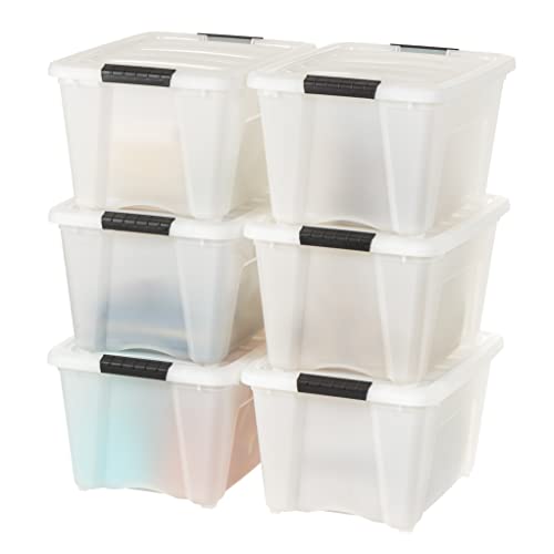 IRIS USA 32 Qt Stackable Plastic Storage Bins with Lids, 6 Pack - BPA-Free, Made in USA - Discreet Organizing Solution, Latches, Durable Nestable Containers, Secure Pull Handle - Pearl - size: 32 Qt, style: 6 Pack