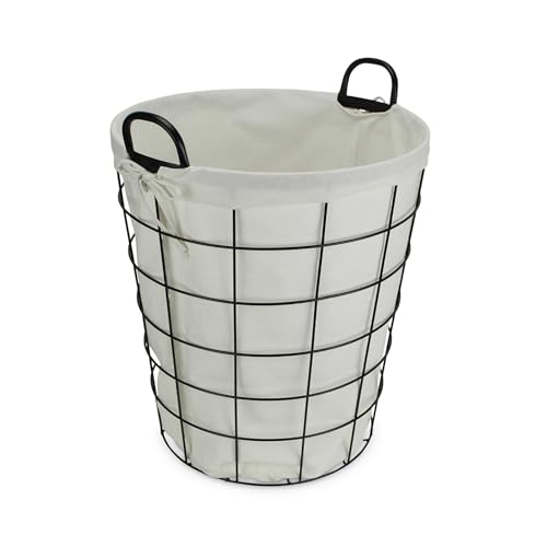 16" Diameter Laundry Basket Metal Wire with Fabric Liner Round Storage Organizer Decorative Bin Laundry Hamper Modern Home Organizer for Bedroom Bathroom Living Room Closet