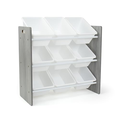 Humble Crew 9-Bin Toy Organizer – Slate Grey Wood Grain/White Plastic Bins, 3-Tier Storage Solution for Kids' Playrooms and Nurseries - color: Grey Wood Grain/White