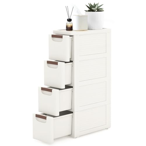 4 Drawers Narrow Storage Cabinet, Slim Bathroom Storage Cabinet, Plastic Rolling Cart Organizer for Small Spaces, Laundry, Office, Home,White - size: 4 Drawer