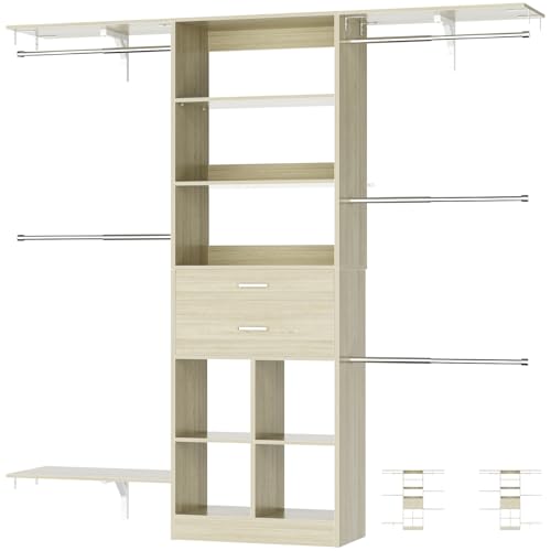 Small Closet System - 5FT Closet Organizer System with Wooden Drawers, 60 Inches Walk In Closet System With 5 Hanging Rods, Can Fit 1.58 to 6.8 FT with Reversible Hanging Shelving, Greige Oak - color: Greige Oak, size: 5FT