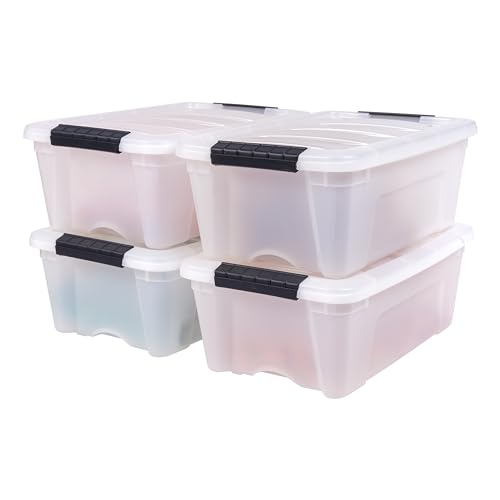 IRIS USA 13 QT Plastic Storage Box with Lid and Latches - 4 Pack - BPA-Free, Discreet Organizing Solution, Durable Nestable Stackable Containers, Secure Pull Handle - Pearl - size: 13 Qt, style: 4 Pack
