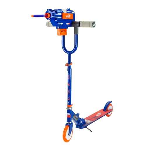 NERF Kick Scooter for Kids, Dual Barrel Blaster Fires Up to 40 Feet, Supports Up to 150lbs, Rear Brake, Sturdy Steel Frame, Wide Surface Textured Molded Deck, Outdoor Activities for Boys/Girls