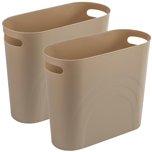 rejomiik Small Trash Can, Slim Garbage Can Plastic Waste Basket with Handles 3.5 Gallon Container Bin for Narrow Spaces Bathroom, Bedroom, Kitchen, Office at Home, 2 Pack Khaki - color: Khaki, size: 2 pack