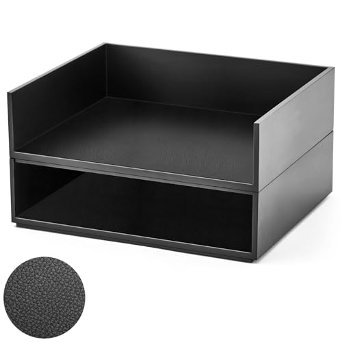 Yeaqee 2 Pcs Wooden Leather Stackable Letter Trays 13 x 10.6inch Luxurious Surface Desk Letter Tray Heavy Paper Inbox Mail Organizer for Office Document Magazine Folder Desktop Accessories(Black)