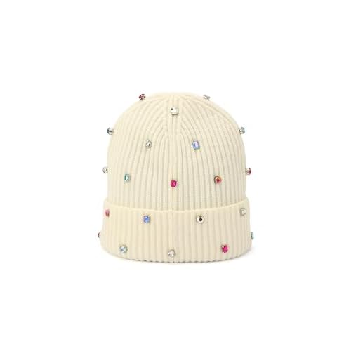 kate spade new york Women's Embellished Beanie, Winter Knit Hat, Wool Blend, Cream Multi, OS