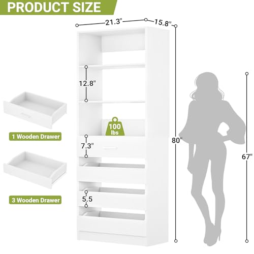 Aheaplus 21.3" Closet System with 4 Drawers, Wood Closet Organizer with Open Shelves, Modular Drawers System Tower, Walk-in Closets Small Wardrobe Rack, Tall Storage Cabinet Unit, White - color: White