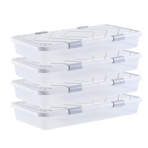 VEVOR Under Bed Storage with Wheels, 31.7 x 15.6 x 6.9 inch Underbed Containers, Underbed Shoes Organizer with Lid & Gray Latch, Rolling Under the Bed Storage Bins for Clothes Shoes Blankets, 4 Pack