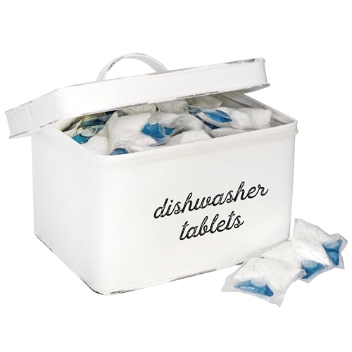 AuldHome Design Dishwasher Pod Holder, Tablet Container; White Enamelware Rustic Kitchen Storage Tin w/ Lid
