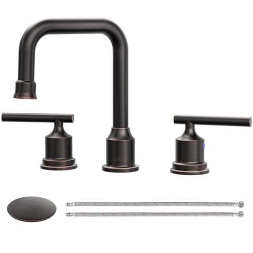 WOWOW Oil Rubbed Bronze Bathroom Faucet Widespread Bathroom Sink Faucet 3 Holes Vanity Faucet 2 Handle Basin Tap with Drain and Suplly Lines Retro