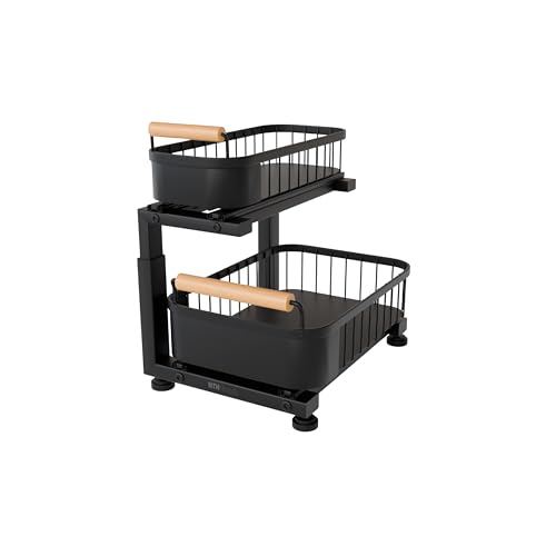 Premium Heavy Duty Carbon Steel Under Sink Organizer, Large 2 Tier Pull Out Cabinet Organizer, 7 Adjustable Heights with Smooth Ball Bearing Sliding Baskets for Bathroom & Kitchen