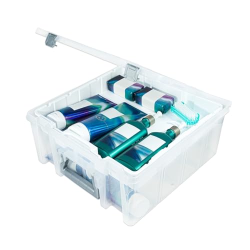 Best Kept Super Satchel Double Deep with Lift-Out Tray and Removable Dividers, Stackable Home Storage Organization Container, Clear with Sliver Latches and Handle - style: Lift-Out Tray & 8 Lower Removable Dividers