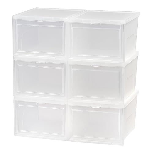 IRIS USA Stackable Shoe Storage Box with Latch Drop Front Door, 6-Pack, for Scarf Game Organizer Container with Ventilation Holes for Closet Under Bed Entryway Storage, Strudy, Tall, Clear - size: 14 Qt Drop Front - 6 Pack