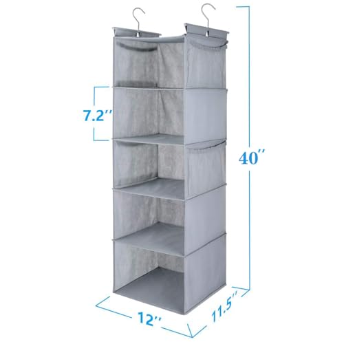 MAX Houser 5 Shelf Hanging Closet Organizer,Space Saver, Closet Hanging Shelves with (4) Side Pockets,Foldable,Light Grey - color: Lightgrey