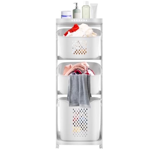 3-Tier Laundry Hamper Sorter, Removable Vertical Rolling Laundry Baskets Stand with Wheel, Stackable Dirty Clothes Cart Organizer and Storage for Small Space, Dorm, Closet, Bathroom (3-Tier)