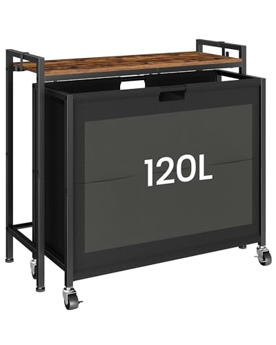 CHOEZON Laundry Sorter, Laundry Hamper with Storage Shelf, Mobile 2-in-1 Basket Organizer, 120 L Rolling Hamper, Large Bags and Movable Wheels, Metal Frame, Rustic Brown and Black TXY01BF