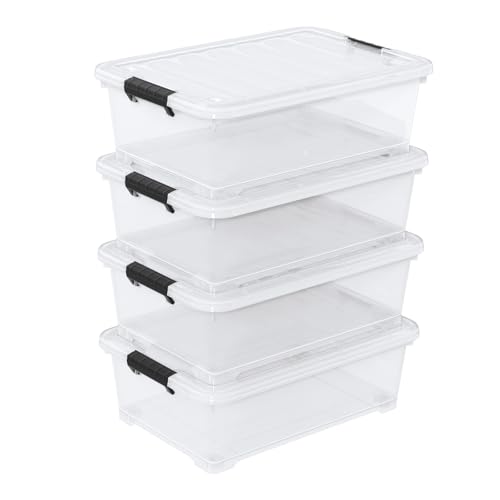 4 Packs 20 Quarts Under Bed Plastic Storage Bins with Lids, Clear Underbed Storage Containers with Wheels